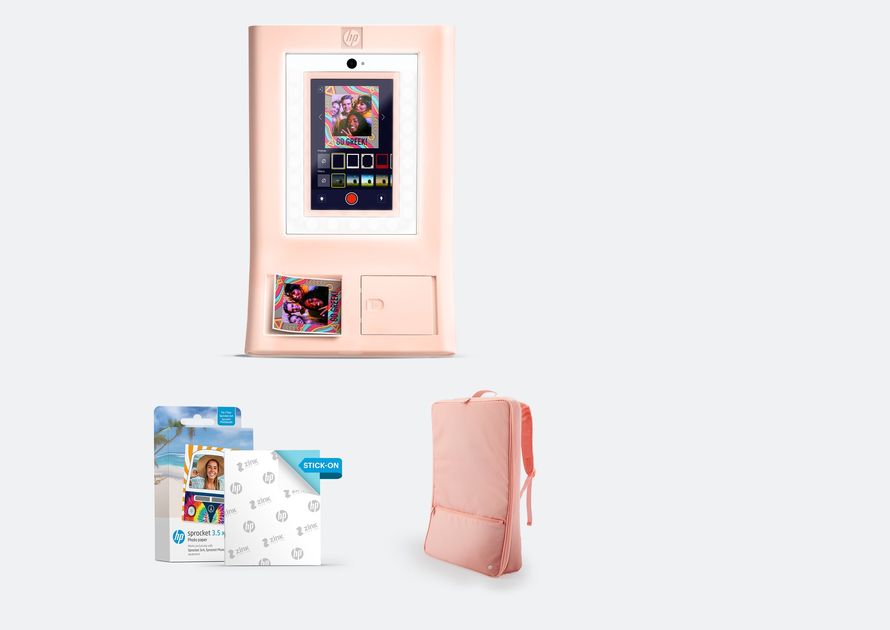 Zestaw z drukarką fotograficzną HP Sprocket Photobooth – 100 arkuszy papieru fotograficznego ZINK® o wymiarach 3,5” x 4,35” i futerał
