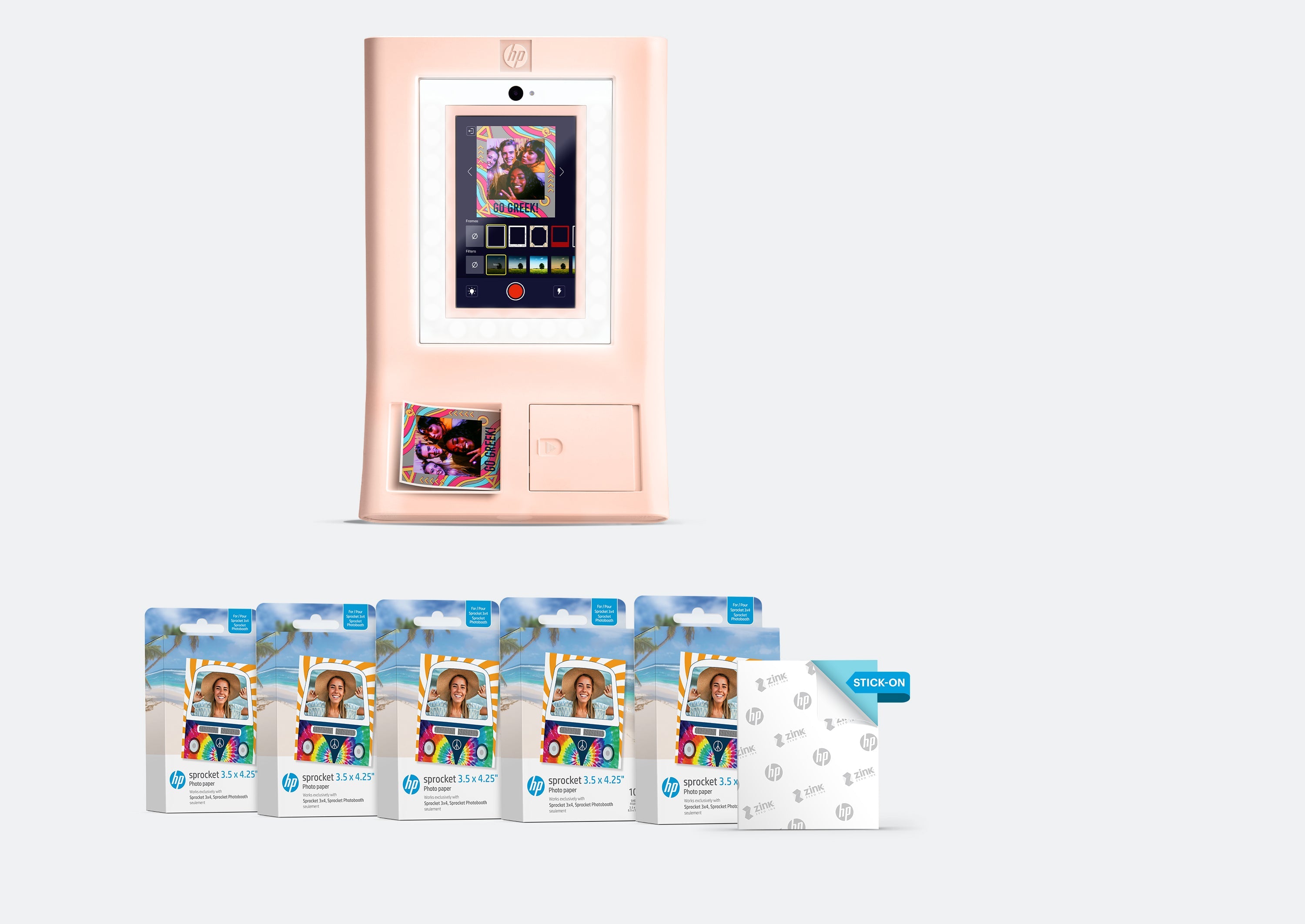 Zestaw drukarki fotograficznej HP Sprocket Photobooth – 500 arkuszy papieru fotograficznego ZINK® o wymiarach 3,5” x 4,35”