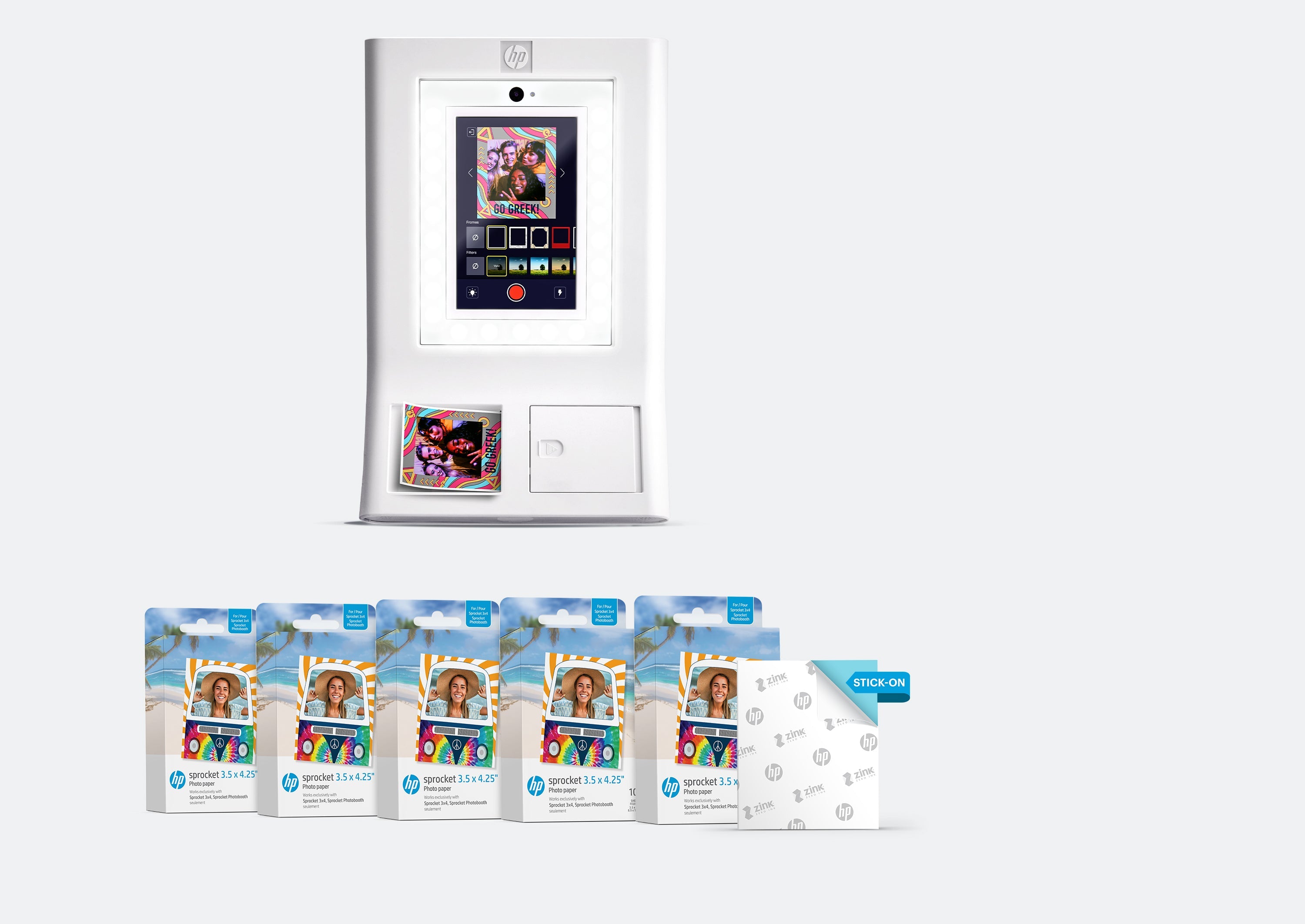 Zestaw drukarki fotograficznej HP Sprocket Photobooth – 500 arkuszy papieru fotograficznego ZINK® o wymiarach 3,5” x 4,35”